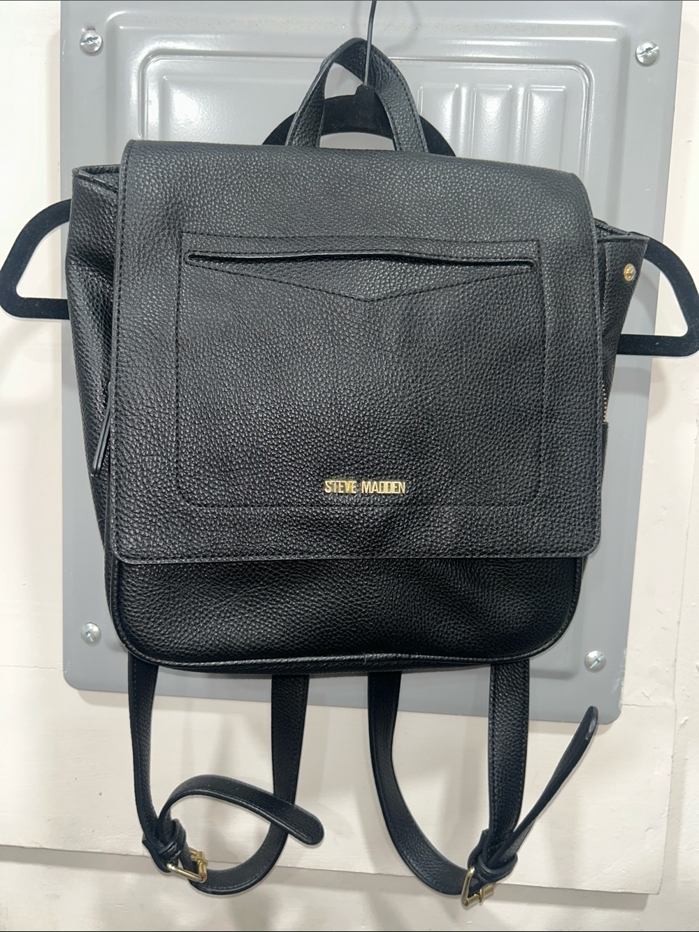 Steve Madden Black Pebbled Leather Flap Backpack